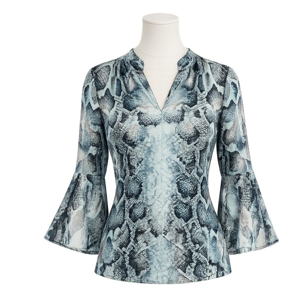 Elie Tahari Snake Print V Neck Bell Sleeve Top - Size Small